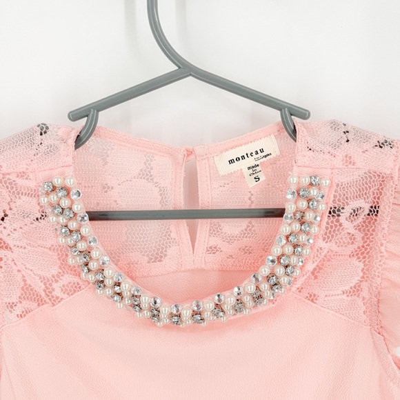 Monteau Pink Peplum Blouse with Lace Details - Picture 2 of 3